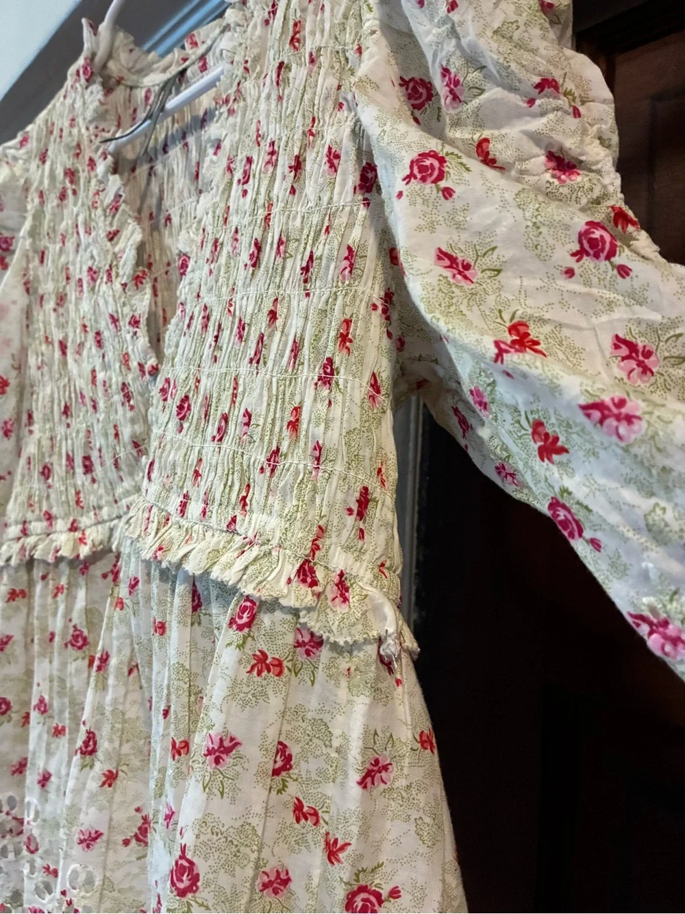 Anthropologie Floral Smocked Peplum Blouse Eyelet Puff Sleeve Top Medium